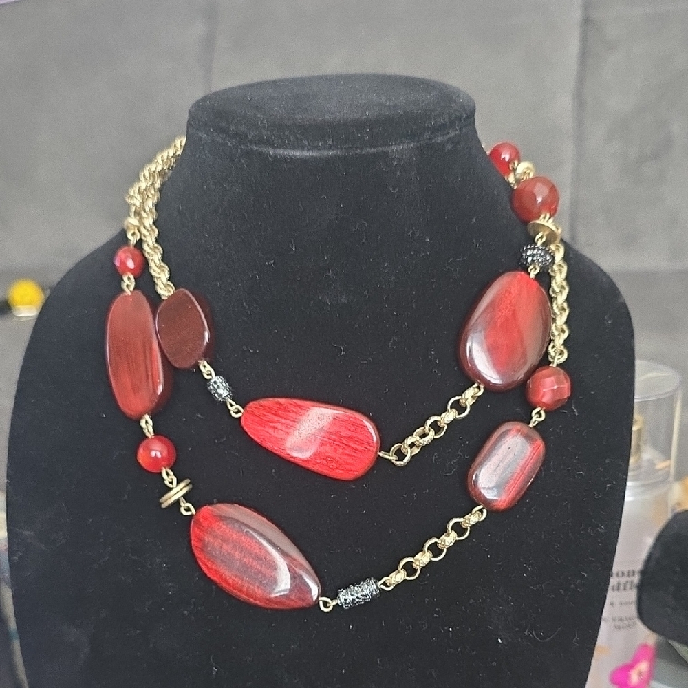 Chico's Red Beaded Double-Strand Necklace with Gold Chain